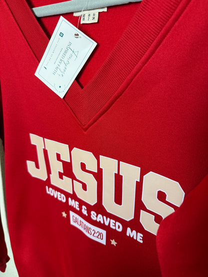 Jesus Loved Me & Saved Me” V-Neck Sweater – Galatians 2:20 (Red)