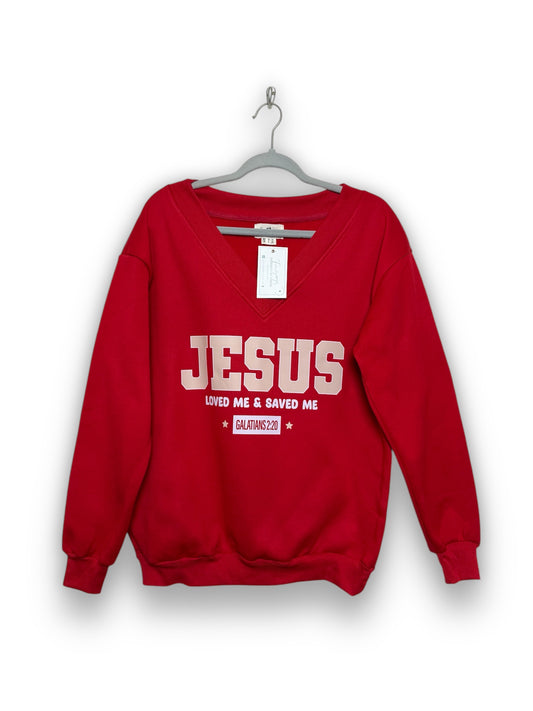 Jesus Loved Me & Saved Me” V-Neck Sweater – Galatians 2:20 (Red)